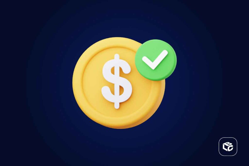 Moeda dourada com símbolo de dólar e um visto verde aprovado