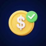 Moeda dourada com símbolo de dólar e um visto verde aprovado