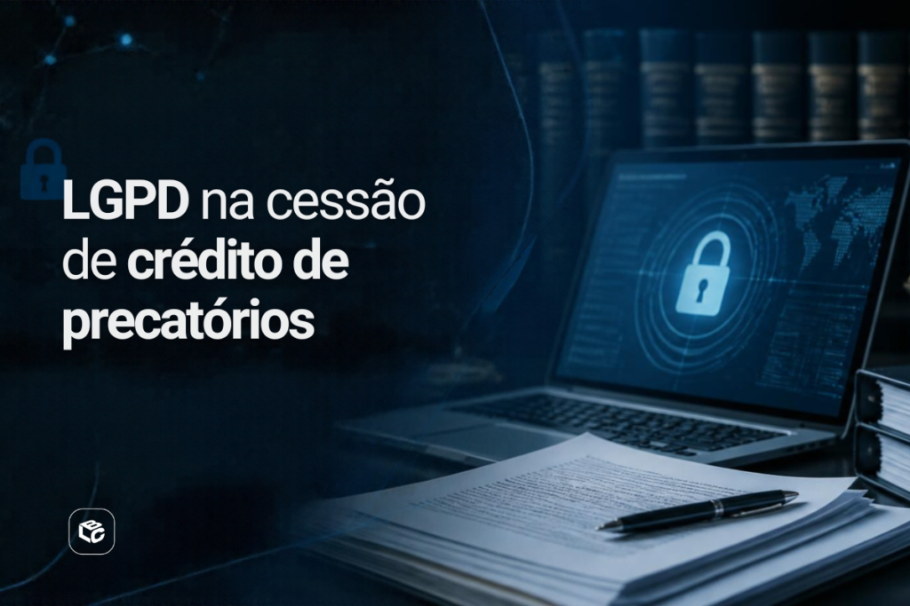 Banner sobre LGPD na cessão de crédito de precatórios. À esquerda, o texto em destaque “LGPD na cessão de crédito de precatórios” sobre fundo escuro em tons de azul. À direita, mesa de trabalho com notebook exibindo ícone de cadeado em tela de segurança digital, documentos impressos e caneta. Ao fundo, livros jurídicos desfocados e elementos gráficos tecnológicos que remetem à proteção de dados, privacidade e segurança da informação no contexto jurídico e financeiro.
